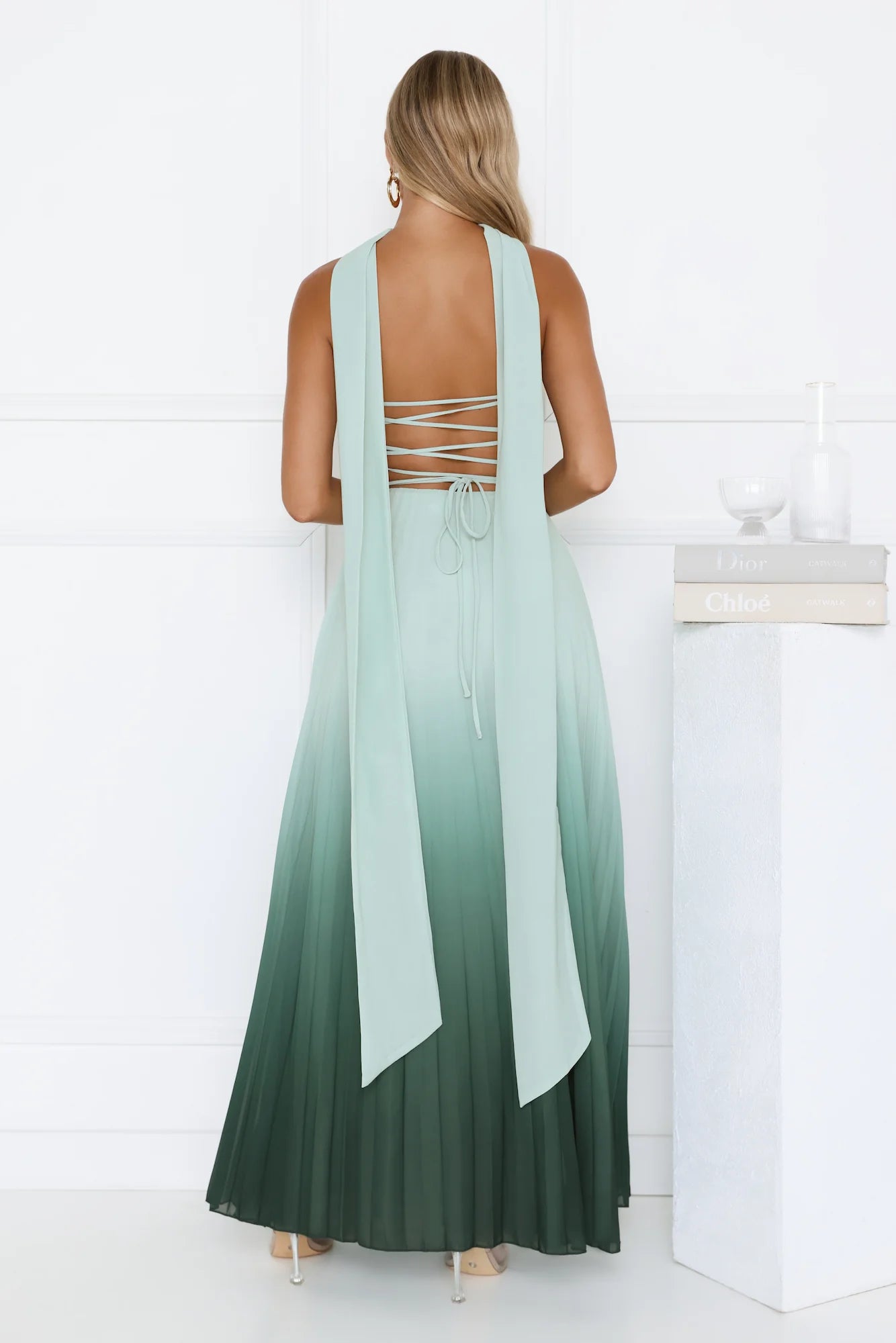 Goddess Ombre Pleated Maxi Dress Green